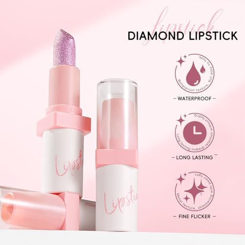 Metallic Pink Frost Glitter Lipstick for Women, Long Lasting High Shine Diamond Creamy Nude Light Pink Lipstick Transfer Proof,Shimmer High Impact Full Coverage Non Stick Cup Lip Makeup#1