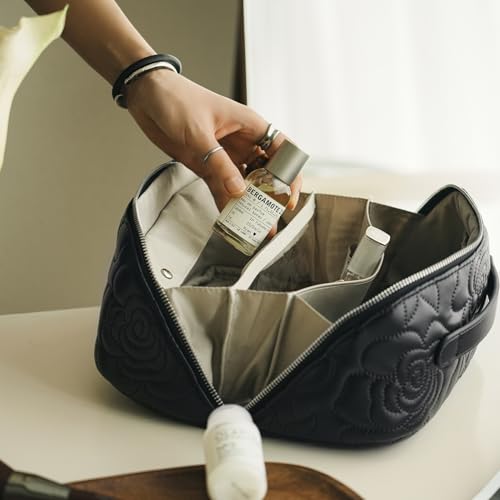 Popvibe Open Flat Makeup Bag Travel Cosmetic Case for Women, Large Capacity Toiletry Travel Bag with Zipper, Portable Aesthetic Floral Make Up Organizer Pouch with Dividers & Handle, Black, Large