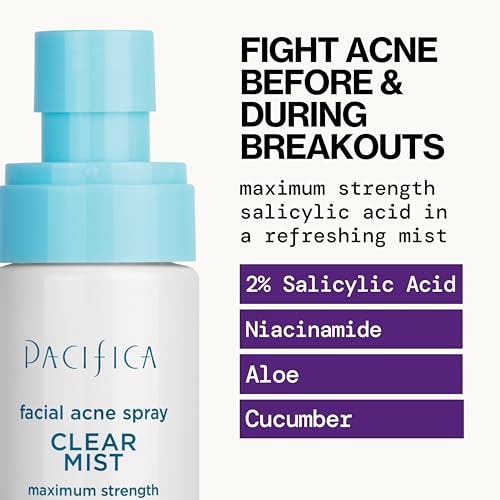 Pacifica Facial Spray for Acne Treatment - Clear Face Mist Acne Spray w/ 2% Salicylic Acid Niacinamide & Aloe - Acne Cleanser - Targets Bacteria for Teens & Adults Vegan Clean Dermatologist Tested