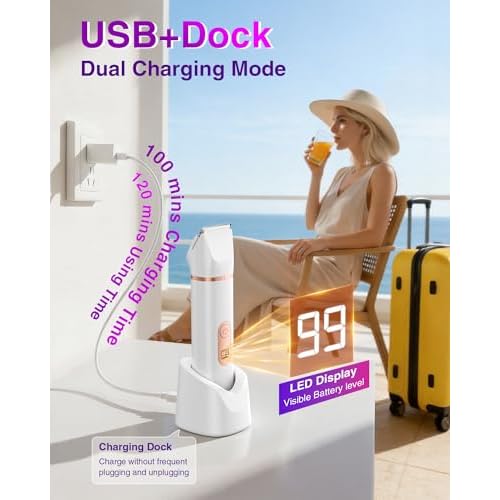 Bikini Trimmer for Women: 3-in-1 LED Display Painless Electric Razor & Shaver for Face, Body & Pubic Hair, IPX7 Waterproof Cordless Body Hair Trimmer, Easy Cleaning & USB Charge Dock, Gift-Ready