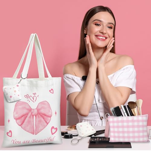 Coquette Pink Bow Canvas Tote Bag - 3 PCS Pink Bow Cotton Preppy Canvas Bag Set with Pink Plaid Makeup Bag and Cute Mini Bag, Reusable Grocery Shopping Bag, Coquette Stuff Tote Bag Gifts for Girls