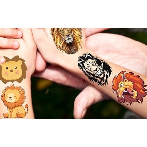 176PCS Lion Tattoos Temporary Stickers Cute Animal Halloween Safari Jungle Birthday Party Supplies Decoration Favors Goodie Bag Stuffers Tattoo