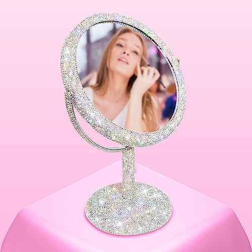 TISHAA Bling Makeup Vanity Mirror - Luxury Stand Double Sided Mirror Crystal Rhinestone Portable Desk Bathroom Bedroom (2X Magnification)