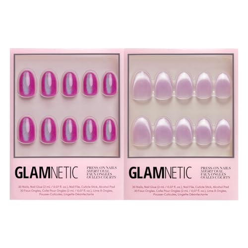 Glamnetic Press-On Nails Bundle - Berry Fizz & Fairy Dust | Magenta Nails and Beige-Pink Nails in Short Oval Shapes with Velvet Metallic Finishes | Reusable Nail Kits