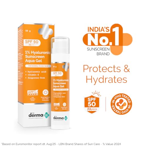 The Derma Co 1% Hyaluronic Sunscreen Aqua Gel with SPF 50 & PA++++ | Broad Spectrum UVA/B & Blue Light Protection | Lightweight & Quick Absorbing with Vitamin E | 1.76 Oz/50g