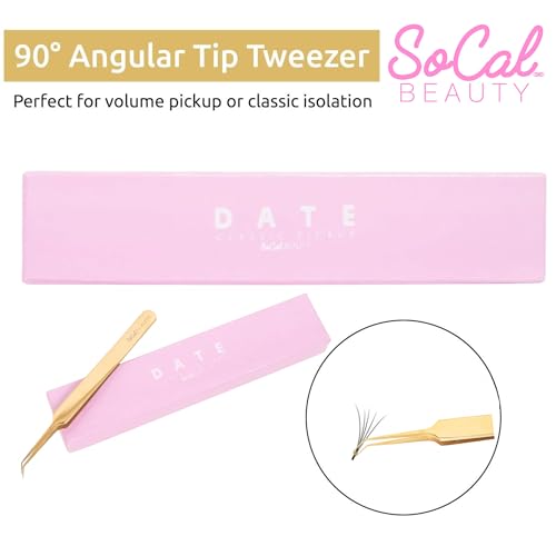 Date Classic Pickup Lash Tweezer by SoCal Beauty | Precision Gold Eyelash Tweezer for Eyelash Extensions, Hand-Tested with 1mm Guide ? Ideal Lash Tweezer for Eyelash Extension