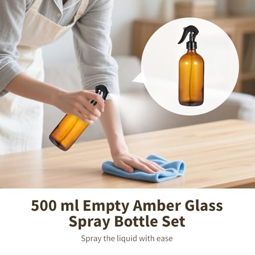 OMISTAR 6 Pcs 16 oz Amber Glass Spray Bottles for Cleaning - Empty Glass Spray Bottle Set with Labels and Pen, Refillable Container for Essential Oils, Trigger Sprayer, Adjustable Nozzl, Leakproof