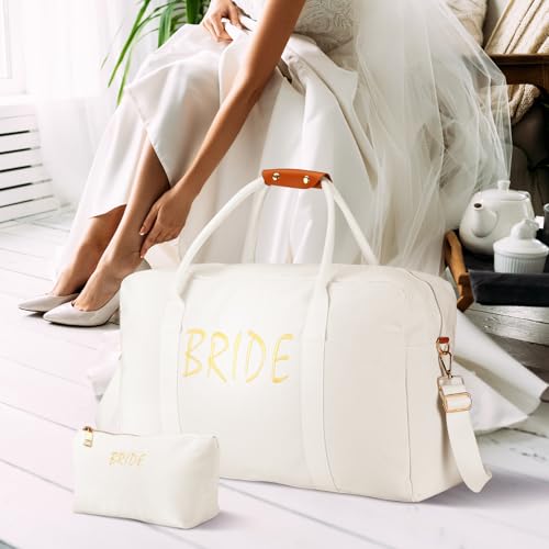 2 Pcs Bride Travel Bag Bridal Shower Gifts for Women Bridal Shower Weekender Bags Shoulder Duffle Bag for Wedding Engagement Honeymoon(White,9.06 x 3.94 x 3.94 Inches,Cotton Canvas)
