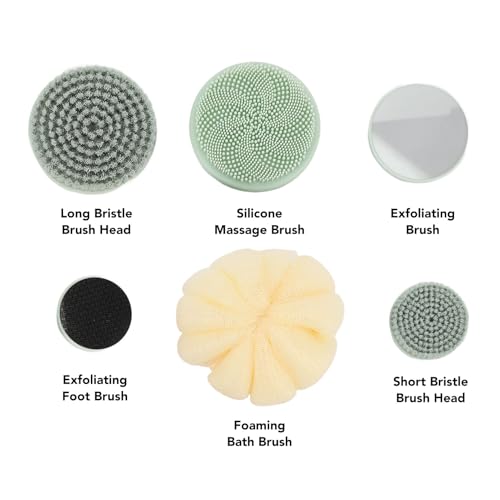 Rechargeable Electric Back Scrubber Body Brush with 3 Gears Multifunctional Shower Bathing Tool, Detachable Long Handle & 6 Brush Heads for Complete Shower Use - Light Green