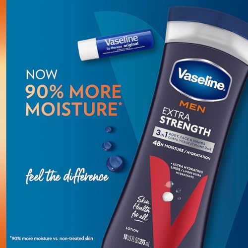 Vaseline Lotion for Men Extra Strength 3-in-1 for Face, Hands & Body + Original Lip Therapy for Dry Lips with Petroleum Jelly (3 Piece Set)