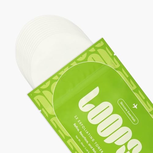 LOOPS Exfoliating Toner Korean Skincare - Refine, Resurface, and Rebalance Skin - Pre-soaked Veocell Embo Bamboo Pad - Vegan, Natural, Biodegradable Gentle Toner Pads for Face - Pack of 12