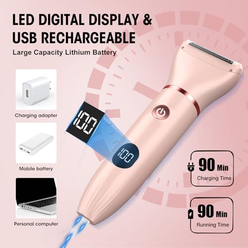 Bikini Trimmer for Women- 3 in 1 Painless Electric Razors for Women,Waterproof Pubic Hair Trimmer and Facial Hair Remover,LCD Display Body Shaver for Trip,Rechargeable Women's Grooming Kit