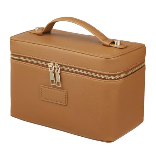 OMISTAR Makeup Vanity Bag for Women - Large Capacity Cosmetic Organizer with Removable Liner, Waterproof PU Leather Skincare Bag, Portable Chic Cosmetic Make Up Case for Skincare, Accessories, Brown