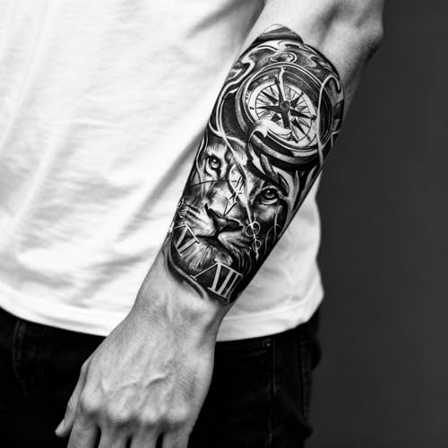 2 Sheets Realistic Animal Temporary Tattoos Stickers Gray Compass Lion Designs For Men Waterproof Arm Leg Fake Body Art, Gym & Parties Bold Masculine Decals