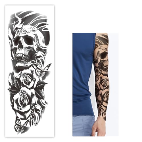 Fake Skull Temporary Sleeve Tattoos Halloween Arm Tattoos for Men Women,4-Sheet