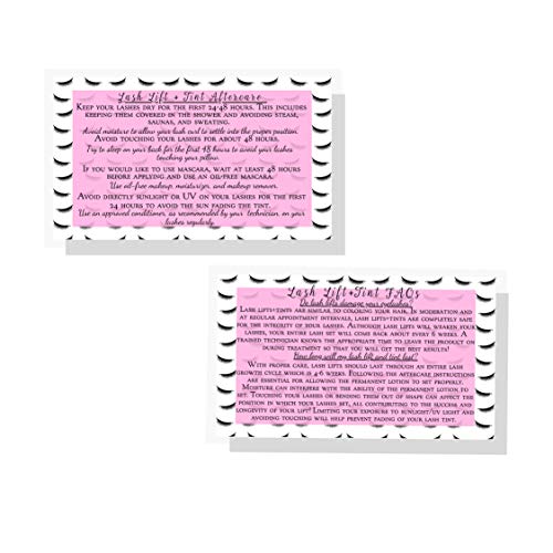 Lash Lift + Tint Aftercare Instruction Cards | 50 Pack | 2 x 3.5¡± inches Business Card Size | Eyelash Lift and Tint Kit at home diy aftercare supplies | Lash Print with Pink Inlay Design