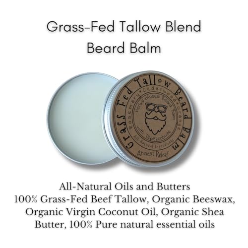 Ancient Releaf Grass-fed Beef Tallow Beard Balm, All-Natural, with Tepezcohuite, Mustache and Beard, Hydrating, Softening, 2oz. Tin, Scent: Rosemary, Cedarwood, Orange
