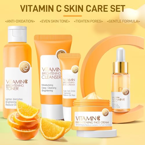 5Pcs Valentines Day Vitamin C Skincare Set, Skin Care for Kids, Skincare Gift Sets with Cleanser, Toner, Serum, Eye Cream, Facial Cream, Skin Care Set for Girls Ages 8-12, Travel Facial Kit for Girls