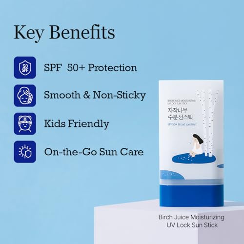 ROUND LAB Birch Juice Moisturizing Sun Stick Broad Spectrum SPF 50+, 0.67oz, Sunscreen Stick for face and body, No White Cast, Non-Sticky, Travel-Friendly, Protector Solar Barra, Korean Sunscreen