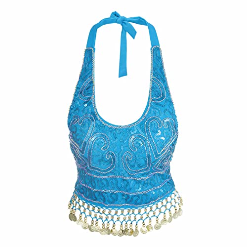 GRAEEN Belly Dance Sequin Crop Top Coin Tassel Rave Carnival Costume Bra Tops for Women