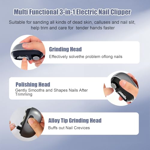 2PC Electric Nail Clipper, Electric Nail Clippers for Seniors & Adults, Baby Electric Nail Trimmer with LED Light & Nail Scraps Storage, 3-in-1 Automatic Nail Clipper for Toenails & Fingernails (Grey)