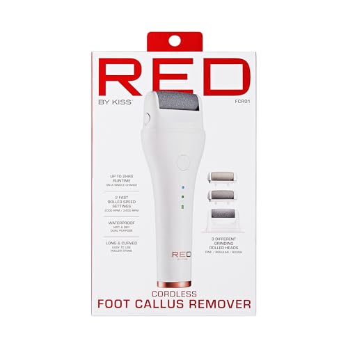 Red by Kiss Cordless Electric Foot File Callus Remover, 3 Roller Heads & 2 Speed Setting, Long and Curved Roller Head Stone, Wet & Dry Dual Purpose, Up to 2 hr Runtime, Easy & Portable