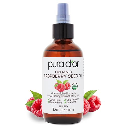 PURA D'OR 3.38 Oz ORGANIC Raspberry Seed Oil - 100% Pure USDA Certified, Cold Pressed Unrefined, Hexane-Free, Premium Grade - Sun Protection For Skin, Body & Hair