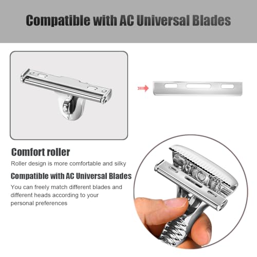 Single Blade Razors for Men and Women, Reusable Modular Safety Razor with Magnetic Head and Metal Non-Slip Grip, 10 Single Edge Razor Blades & Leather Case,Silver Roller