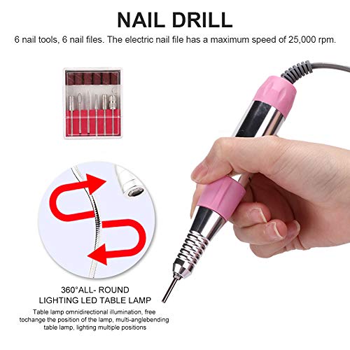 5 in 1 Nail Dust Collector with Drill, 60W Electric Nail Vacuum Dust Collector Extractor Nail Dust Cleaner Manicure Light Hand Rest Pillow Dust Suction Machine for Manicure Pedicure (US)