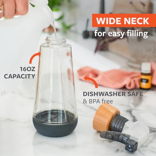 Full Circle Bottle Service-Refillable Glass Spray Bottle-Versatile Stream & Mist Options,Bamboo with Protective Silicone Boot-Ideal for Non-Toxic Cleaning Solutions & Plant Care,16oz Gray,3 Pack