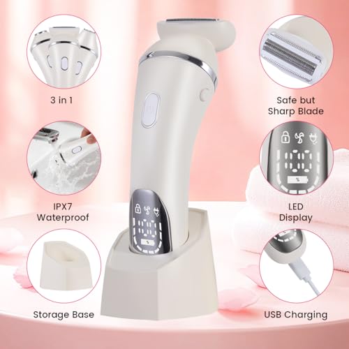 Electric Razor Bikini Trimmer for Women Rechargeable Painless Shaver for Body Hair IPX7 Waterproof Cordless LED Display for Women Underarm Public Hairs