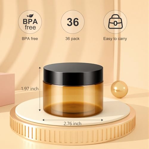 36 Pack 4 OZ Plastic Jars with Lids, BPA Free, Reusable, Refillable Transparent Cosmetic Containers for Bath Salts, Cosmetics, Powders, Beauty Product and Small Accessories, Brown