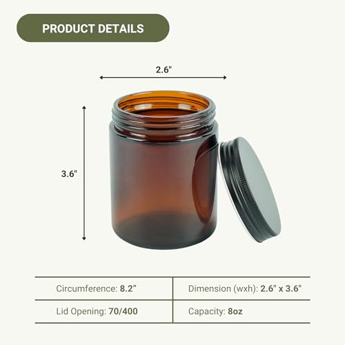 Glass Amber 8oz Jar - 12 Packs, Empty Round Jars For Beauty Products, Lotion, and Powders - Black Lid - Small Candle Jars