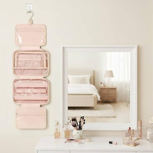 Travel Toiletry Bag for Women,Portable Hanging Makeup Organizer with Jewelry Organizer,Cosmetic Travel Bag for Toiletries,Full Sized Shampoo,Conditioner,Pink