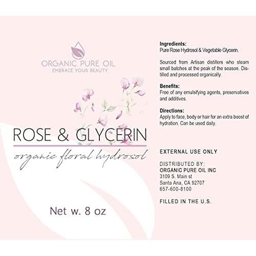 Rosewater Glycerin Mist Toner Bulk Spray Facial Body Floral Cleanser Pure Rose Hydrosol and Vegetable Glycerine Moisturizing Cleansing Toning Mix for Face Skin Hair Body (8 Ounces)