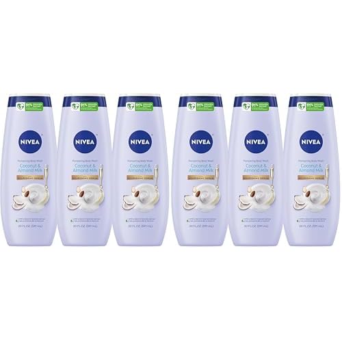 NIVEA Pampering Coconut and Almond Milk Body Wash with Nourishing Serum,Moisturizing Body Wash for Women,Enriched with Provitamin B5 and Vitamin E,20 Fl Oz Bottle,(Pack of 6)