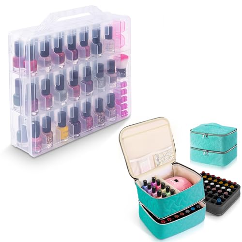 DreamGenius Gel Nail Polish Organizer Case for 48 Bottles, Nail Polish Organizer Case Holds 42 Bottles (15ml/0.5 fl.oz), Clear and Blue