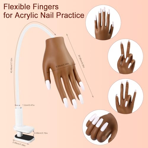 Practice Hand for Acrylic Nails, Acrylic Nail Training Mat , Manicure Trainng Hand Nail Kit for Beginners,Movable Nail Maniquin Hand with 50PCS Nail Tips,Acrylic powder, Brush and Clipper(Brown)