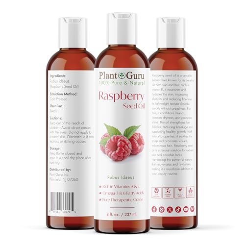 Plant Guru Red Raspberry Seed Oil 8 fl. oz. Cold Pressed Unrefined 100% Pure & Natural Carrier ? Ideal for Skin, Face, Body, and Hair Moisturizer. Great for DIY Soap, Creams, Lotions, and Lip Balms.