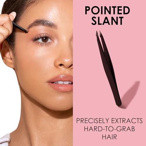 JAPONESQUE Pointed-Slant & Slant Tweezers, 2 Pack for Eyebrow Grooming, Facial Hair Removal, Rose Gold and Black, Stainless Steel