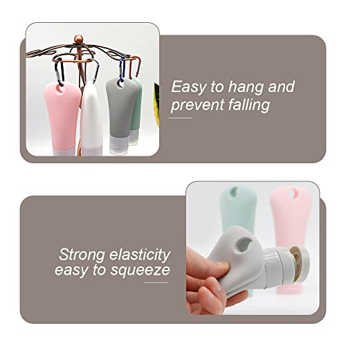 4 Pcs 60ml Leakproof Silicone Travel Bottle Portable Travel Containers Set Refillable Squeezable Container with 4 Hook Carabiner for Travel Toiletries