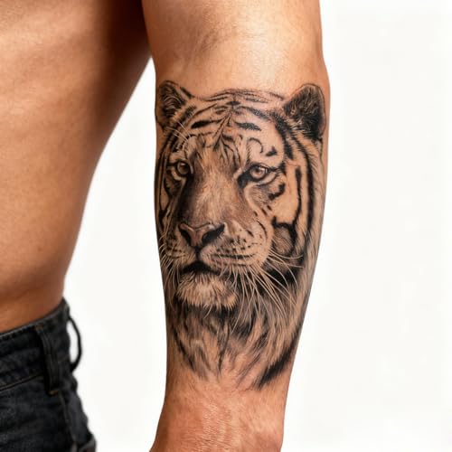 2 Sheets Realistic Animal Temporary Tattoos Stickers Sketch Lifelike Tiger Power Designs For Men Waterproof Arm Leg Fake Body Art, Gym & Parties Bold Masculine Decals