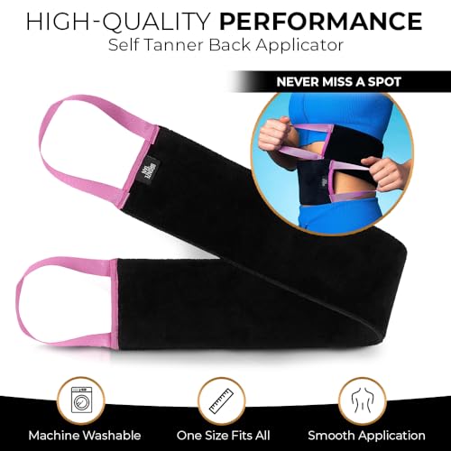 Bronze Tan Self Tanner Back Applicator - Tanning Mitt For Sunless Tanning Mousse or Lotion - Tan your Back Quickly and Easily - Self Tanning Back Applicator - Black with Pink Handles