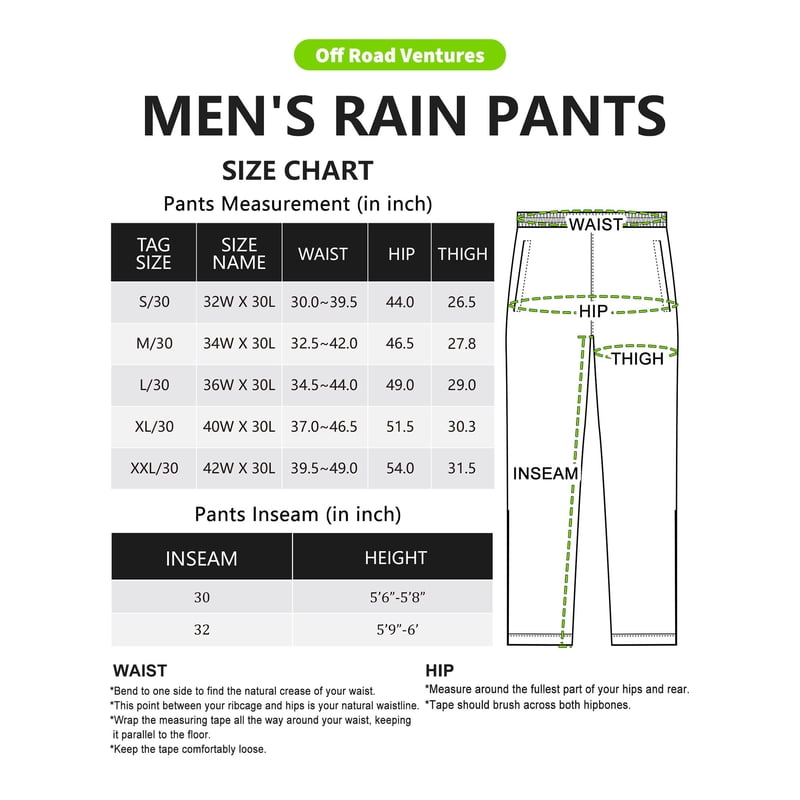 Off Road Ventures Mens Rain Pants Waterproof Windbreaker - Black 40X32