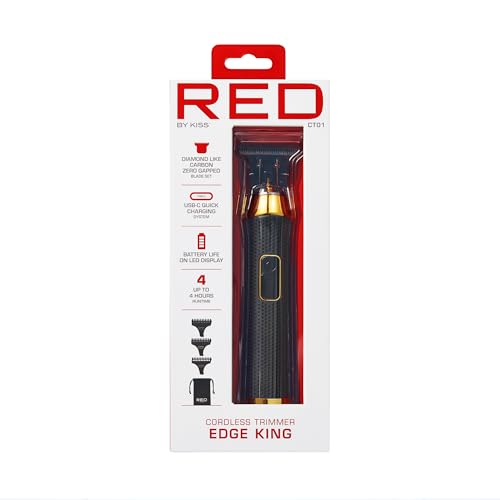 Red by Kiss Edge King Cordless Trimmer, Zero-Gapped DLC Blade for Precision Detailing, USB-C Quick Charge, Up to 4 Hours Runtime, Luxury Pouch, Blades Cover & Cleaning Supplies Included