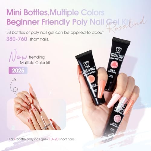 ROSALIND 38 Colors Poly Nail Gel Kit with Mini Nail Lamp Clear Neon Poly Nail Gel Starter Kit for Beginners Halloween All Seasons Classic Colors with Everything