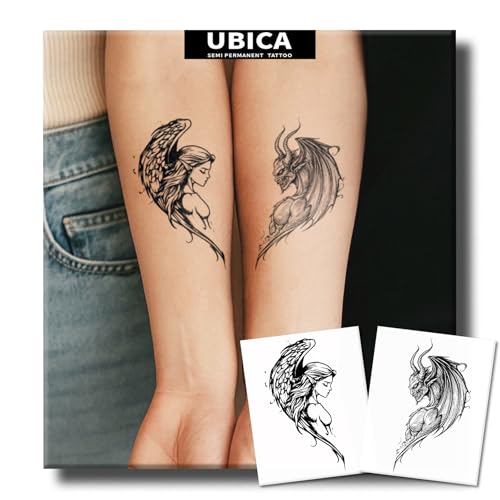 Semi Permanent Tattoo, 2 Sheets Realistic Temporary Tattoos for Women Men Adult, Lasts 2 Weeks Fake Tattoos for Arm Wrist, Waterproof and Non-Reflective, Angel & Demon Designs Couple Tattoos