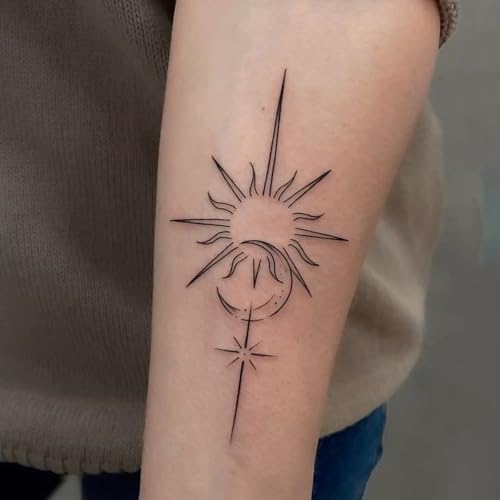 Semi Permanent Tattoos, 2 Sheets Temporary Tattoo(Sun and Moon, Flower), Lasts 7-15 Days Eclipse Tattoo, Develops Fully in 48H, Realistic, Waterproof and Non-Reflective, for Spine, Arm