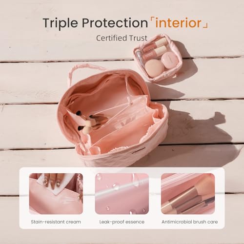 LOVEVOOK Travel Makeup Bag for Women, 2Pcs Puffer Waterproof Cosmetic Organizer, Large Capacity Pouch Open Flat Small Toiletry Bag with Brush Compartment & Handle (Pink, Large)