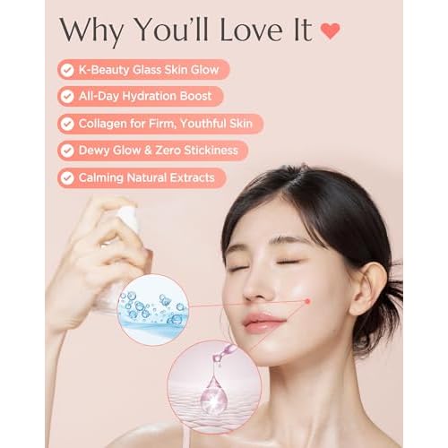 Apricot Collagen Gel Serum Mist Korean Face Moisturizer Spray - 8 Layer Hyaluronic Acid and Bakuchiol - Heart Shape Clear Keychain Refillable Travel Portable Bottle, 3.38oz